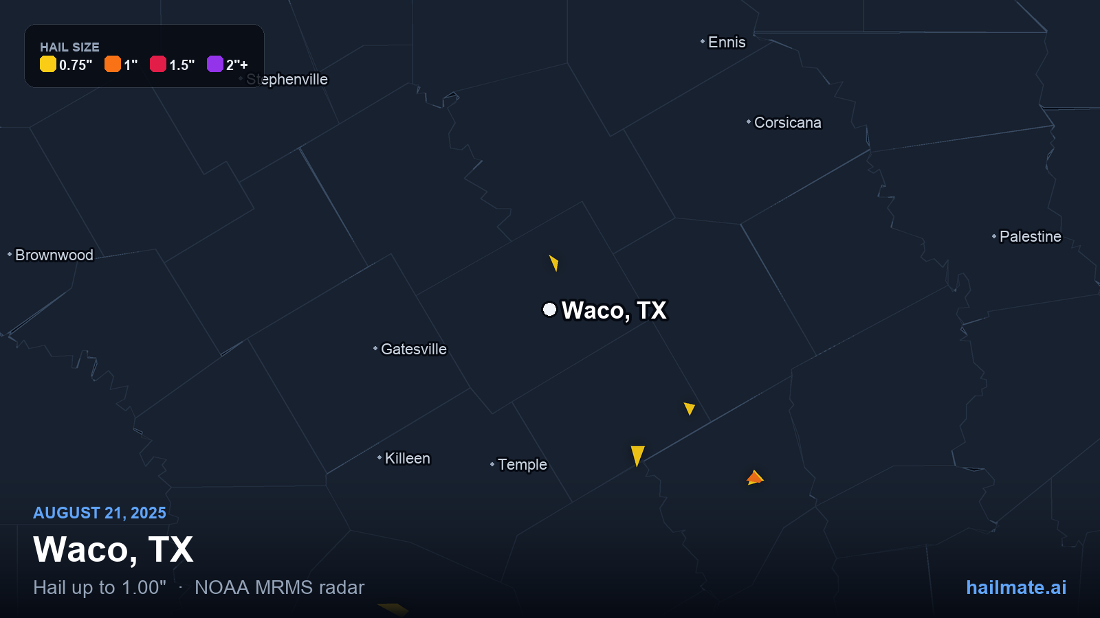 Hail swath map for Waco, TX on August 21, 2025 showing 1.00 inch hail.