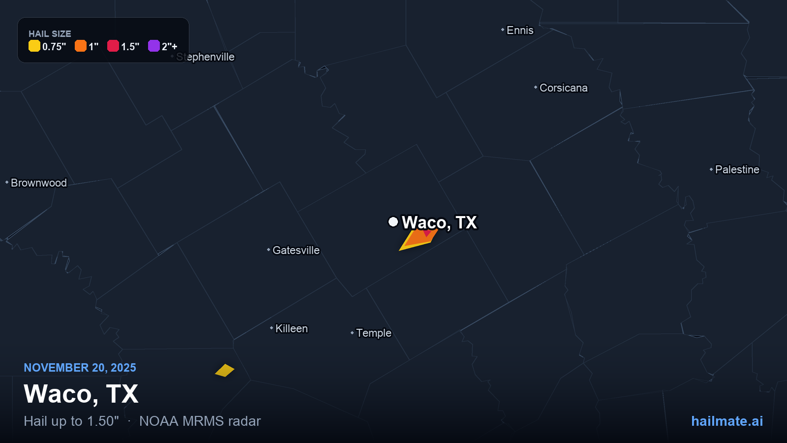 Hail swath map for Waco, TX on November 20, 2025 showing 1.50 inch hail.