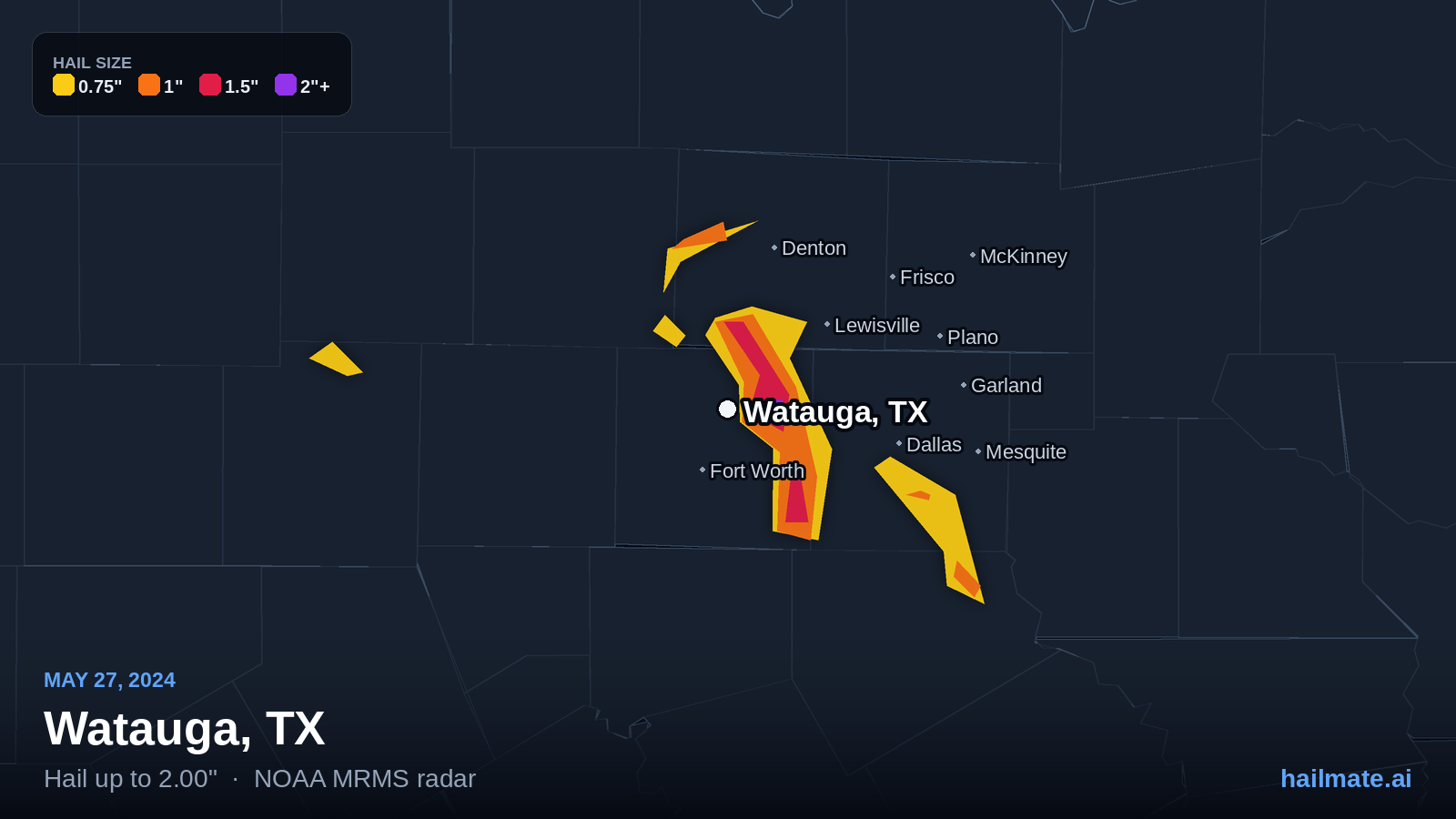 Hail swath map for Watauga, TX on May 27, 2024 showing 2.00 inch hail.