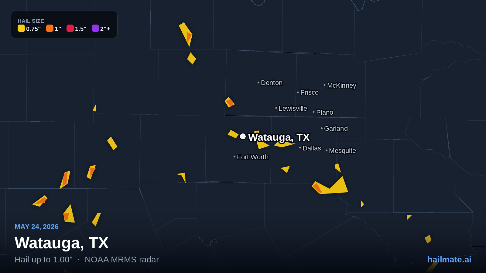 Hail swath map for Watauga, TX on May 24, 2026 showing 1.00 inch hail.