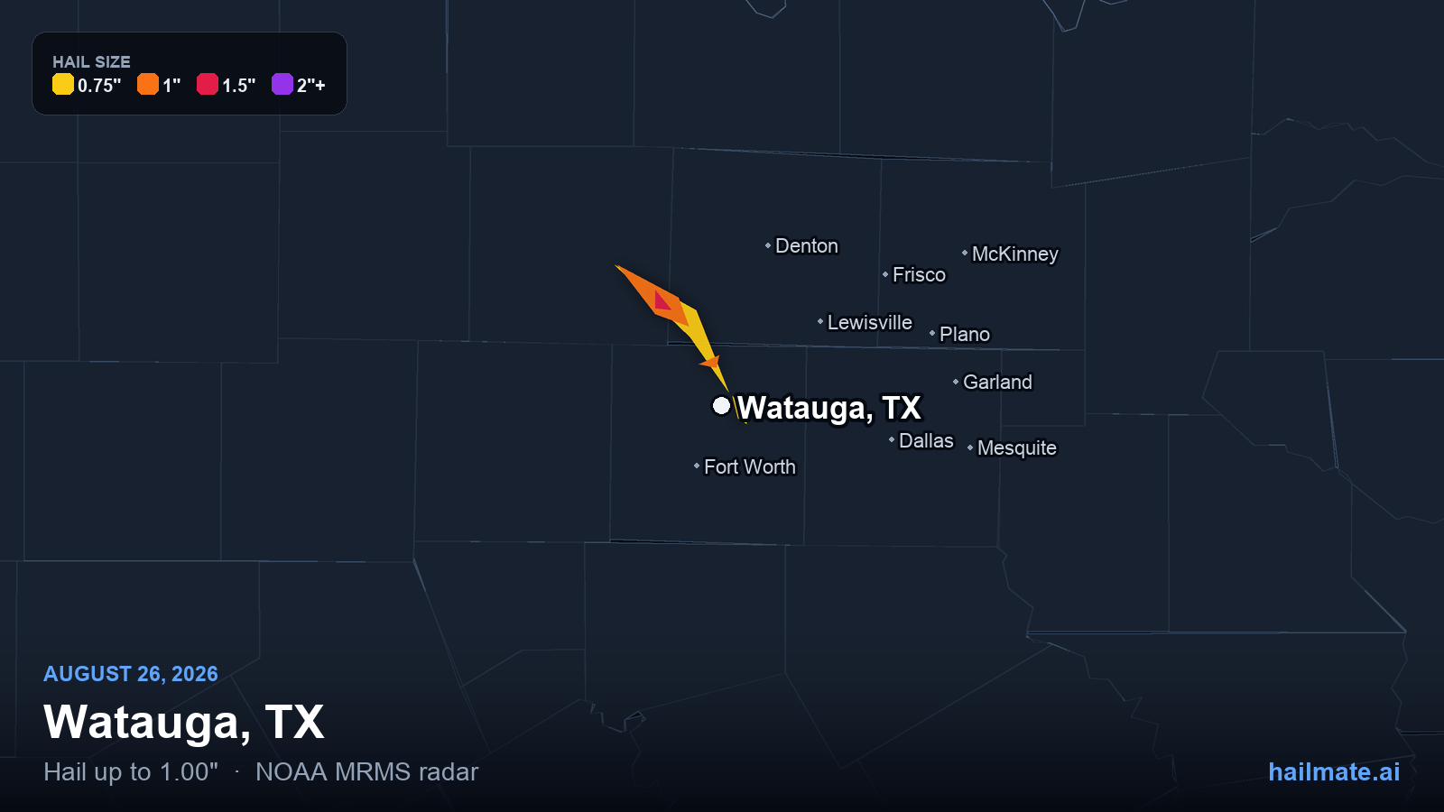 Hail swath map for Watauga, TX on August 26, 2026 showing 1.00 inch hail.