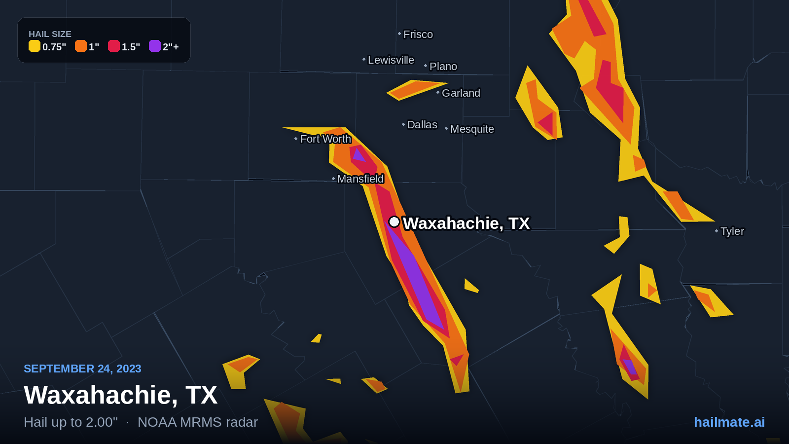 Hail swath map for Waxahachie, TX on September 24, 2023 showing 2.00 inch hail.
