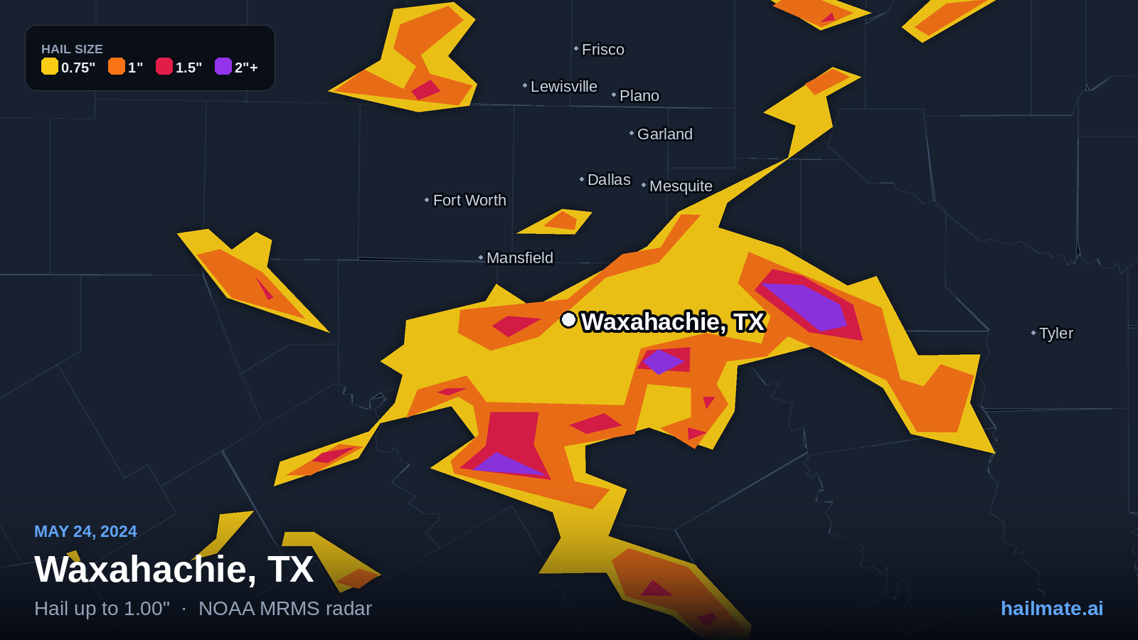Hail swath map for Waxahachie, TX on May 24, 2024 showing 1.00 inch hail.