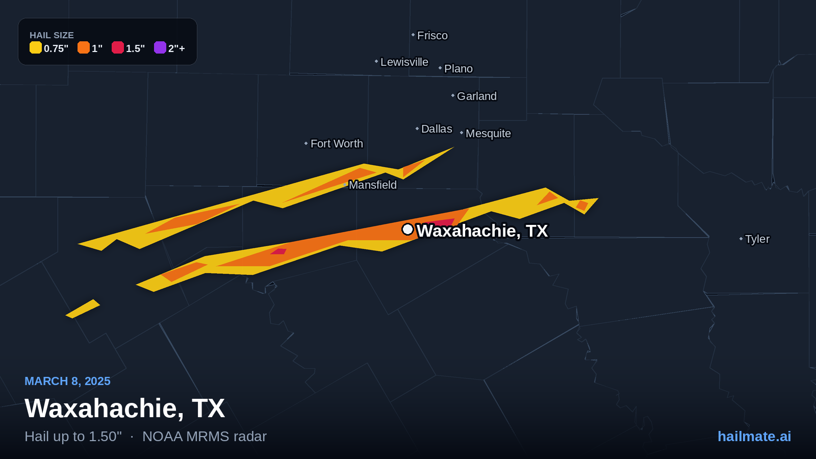 Hail swath map for Waxahachie, TX on March 8, 2025 showing 1.50 inch hail.