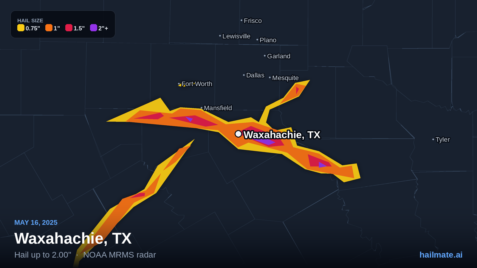 Hail swath map for Waxahachie, TX on May 16, 2025 showing 2.00 inch hail.