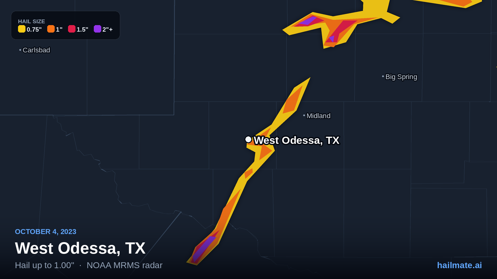 Hail swath map for West Odessa, TX on October 4, 2023 showing 1.00 inch hail.