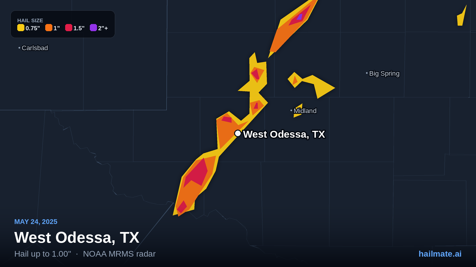 Hail swath map for West Odessa, TX on May 24, 2025 showing 1.00 inch hail.