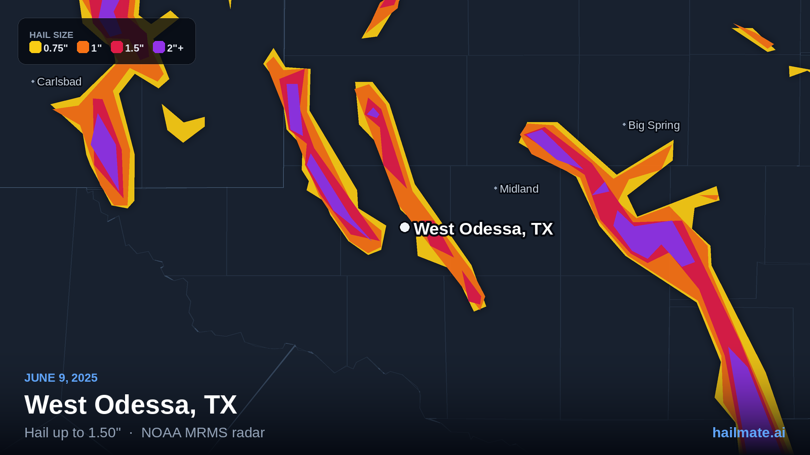 Hail swath map for West Odessa, TX on June 9, 2025 showing 1.50 inch hail.