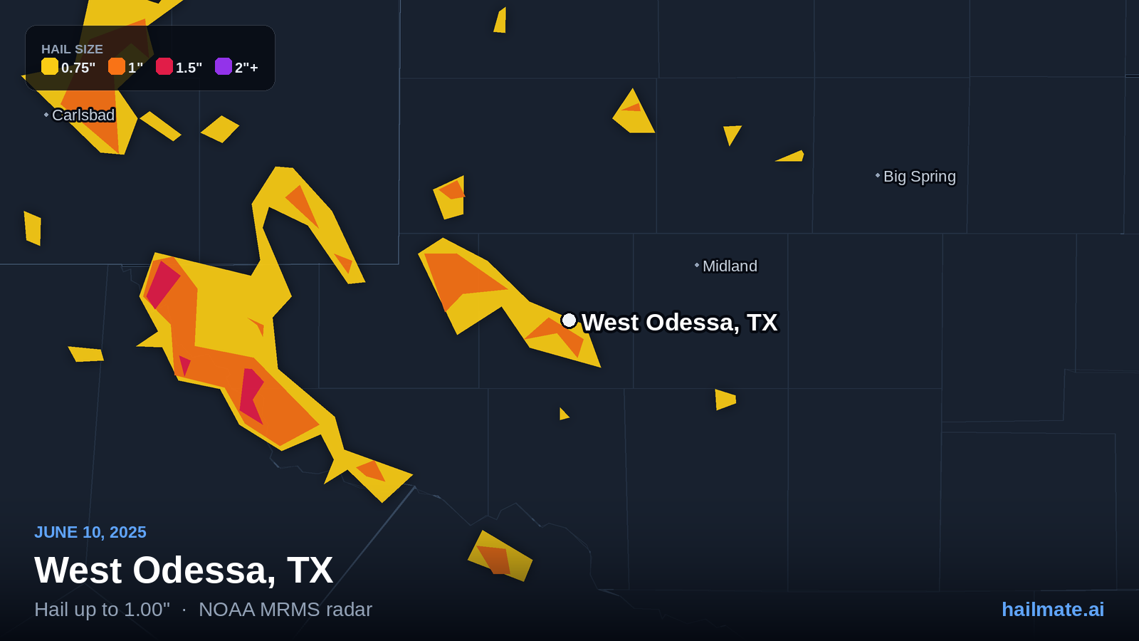 Hail swath map for West Odessa, TX on June 10, 2025 showing 1.00 inch hail.