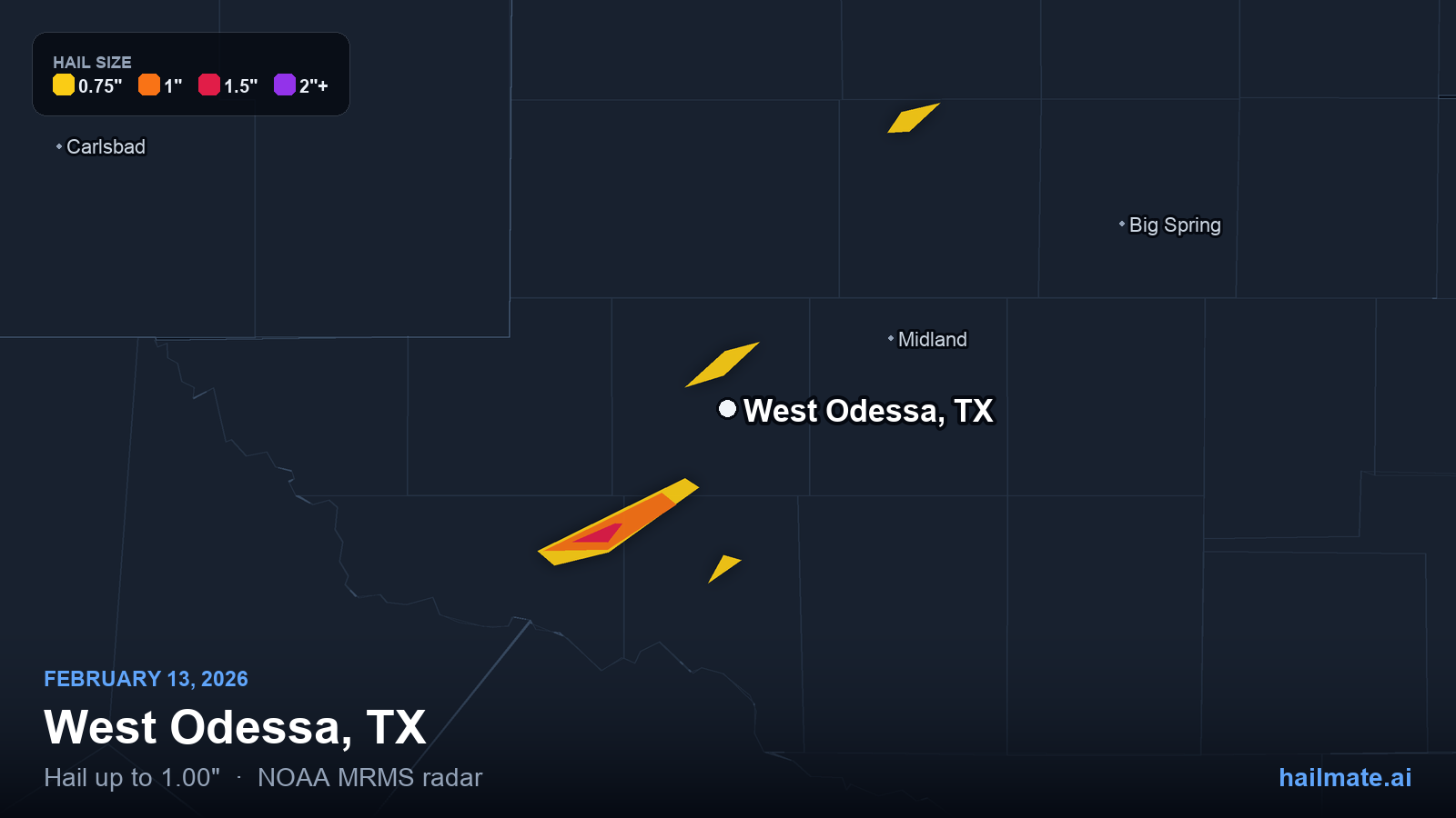 Hail swath map for West Odessa, TX on February 13, 2026 showing 1.00 inch hail.
