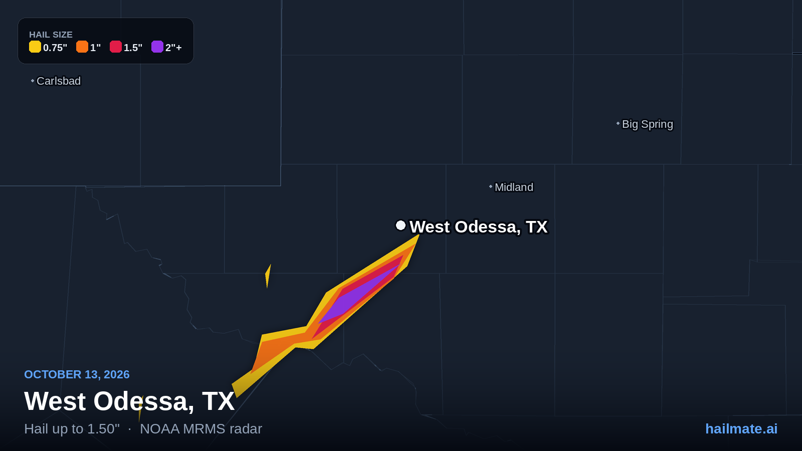 Hail swath map for West Odessa, TX on October 13, 2026 showing 1.50 inch hail.