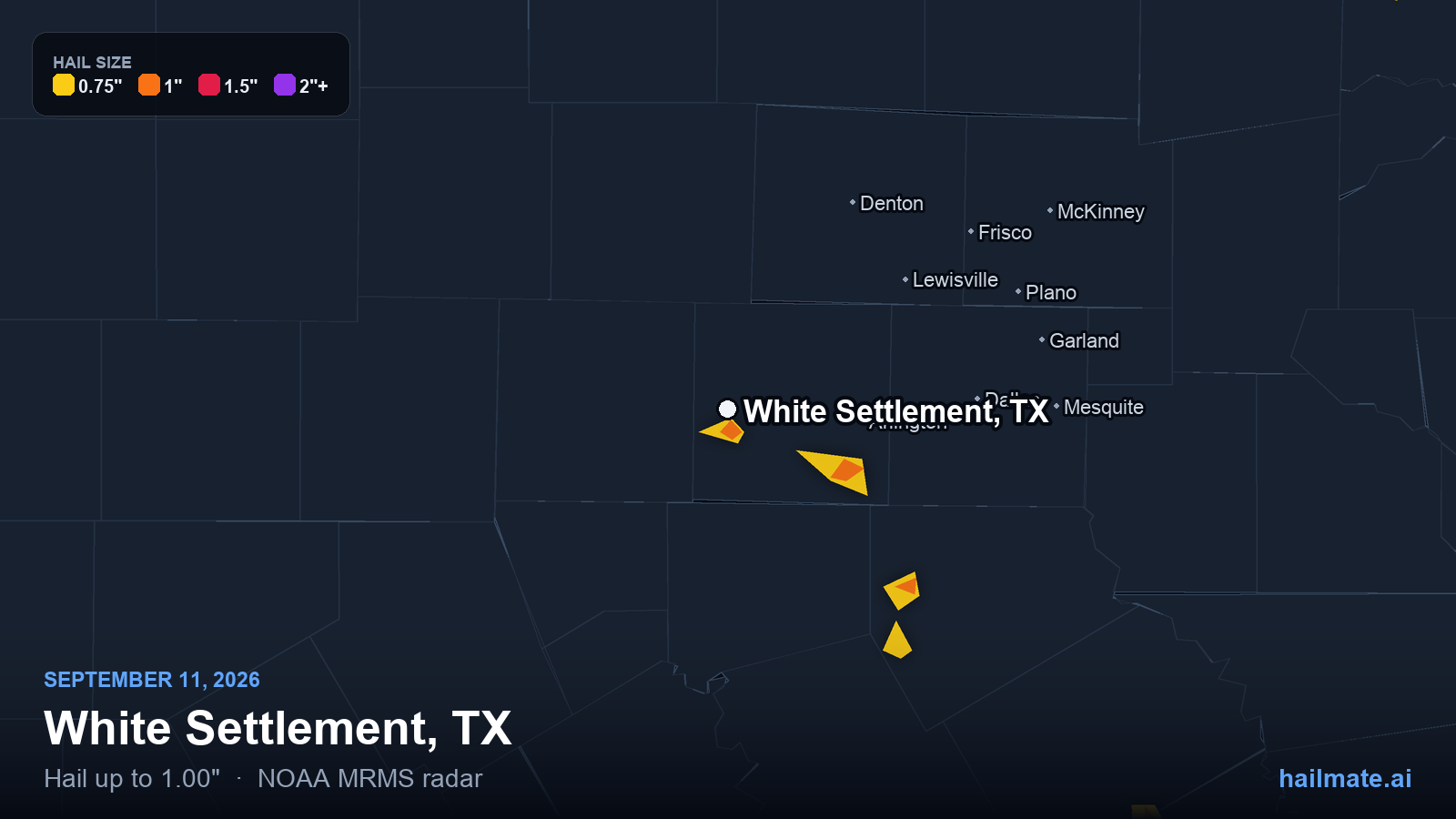 Hail swath map for White Settlement, TX on September 11, 2026 showing 1.00 inch hail.