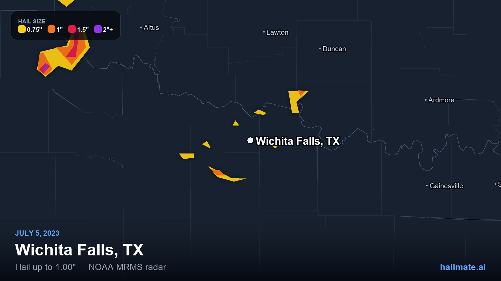Hail swath map for Wichita Falls, TX on July 5, 2023 showing 1.00 inch hail.
