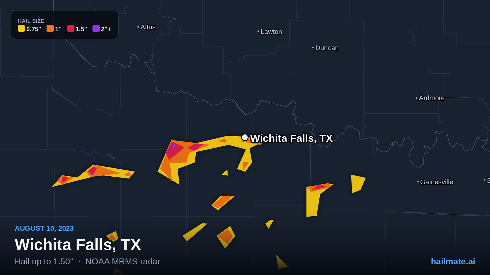 Hail swath map for Wichita Falls, TX on August 10, 2023 showing 1.50 inch hail.
