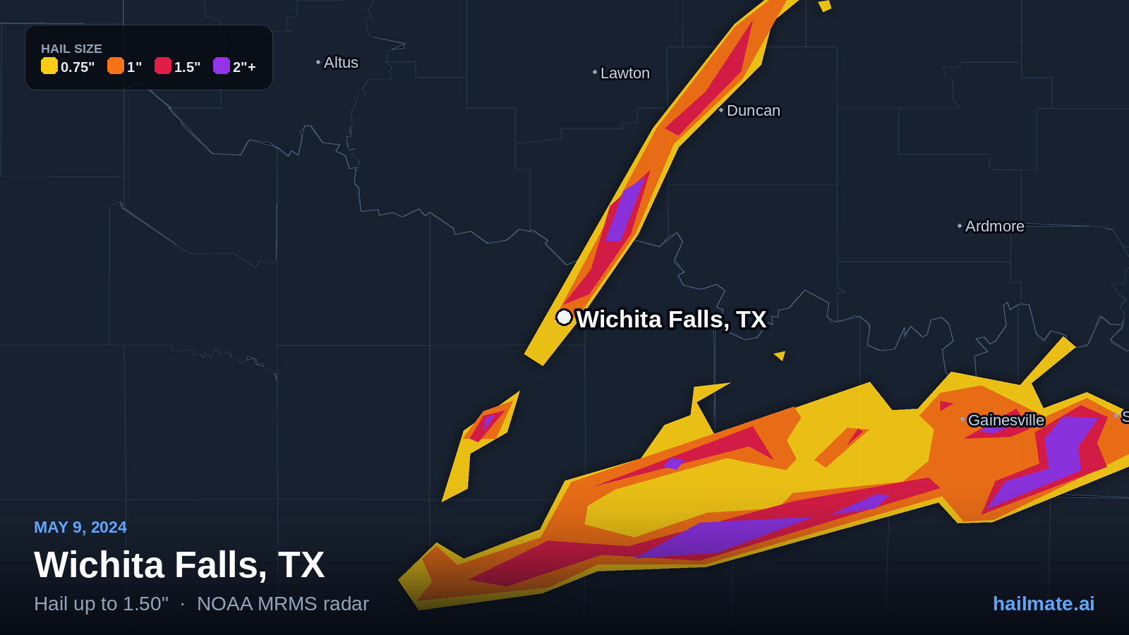 Hail swath map for Wichita Falls, TX on May 9, 2024 showing 1.50 inch hail.