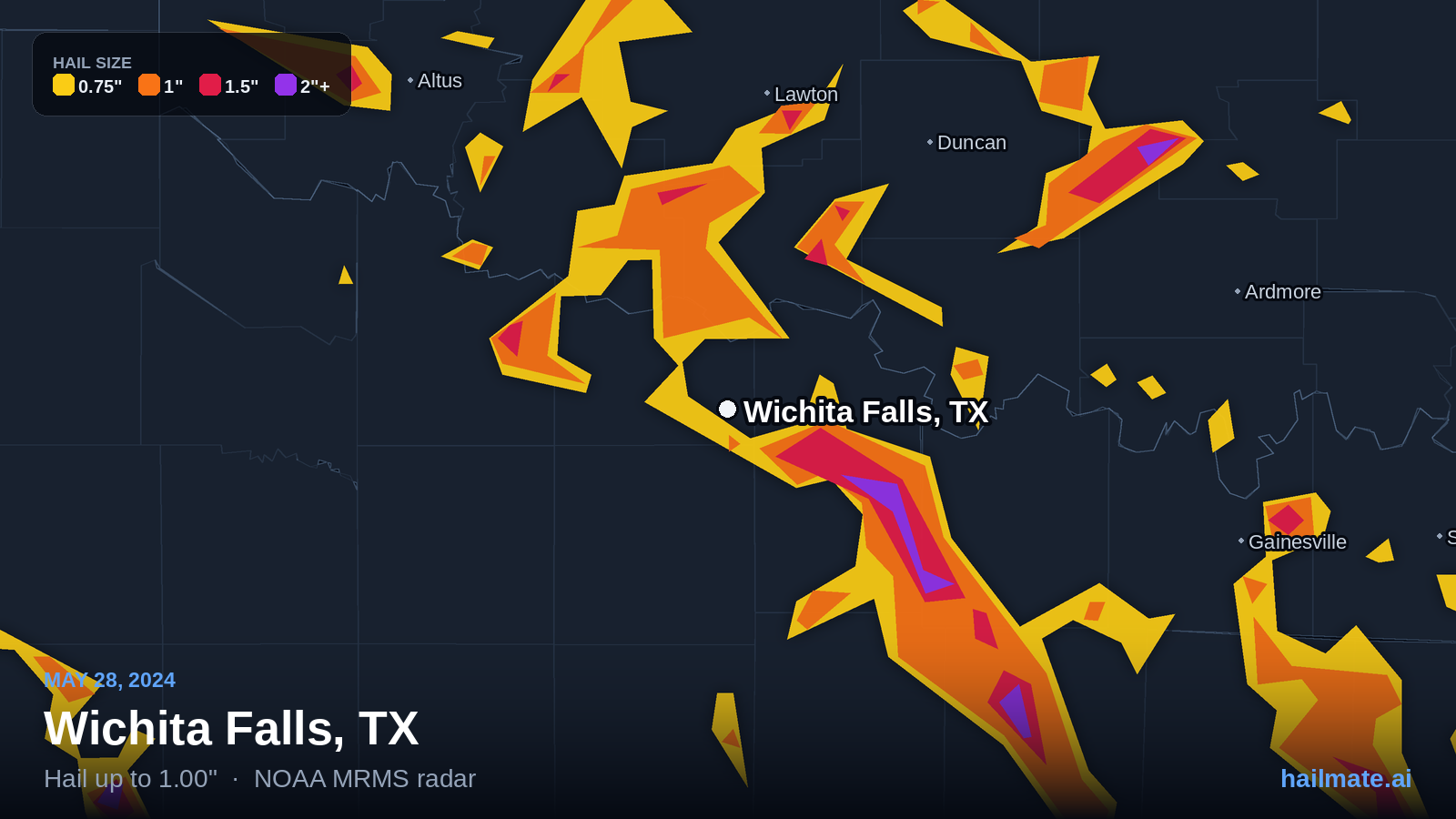 Hail swath map for Wichita Falls, TX on May 28, 2024 showing 1.00 inch hail.