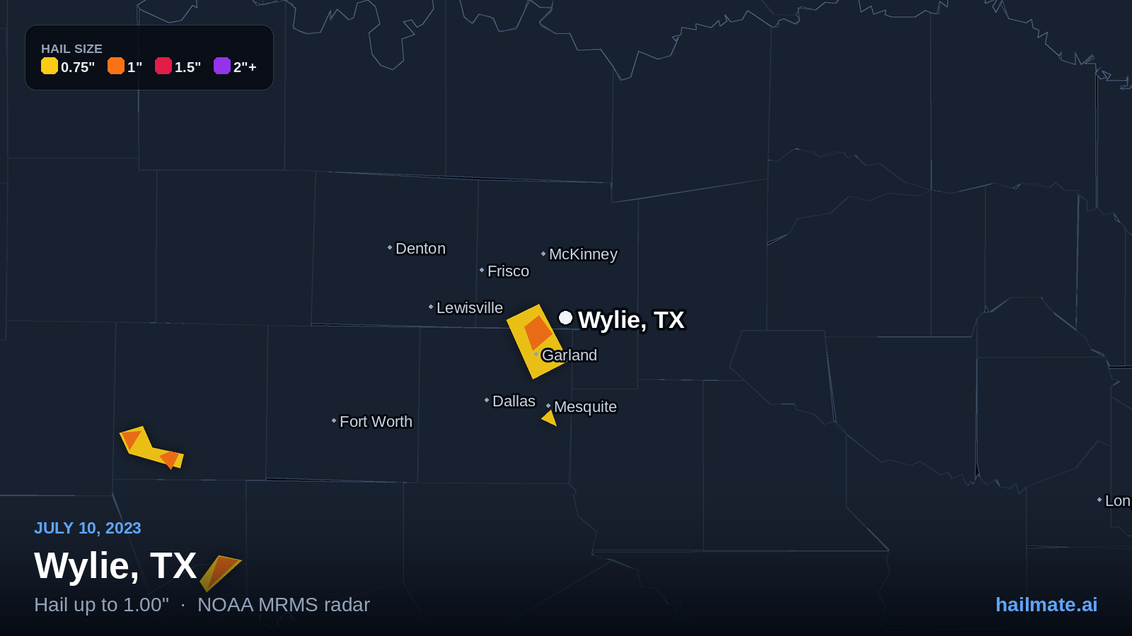 Hail swath map for Wylie, TX on July 10, 2023 showing 1.00 inch hail.