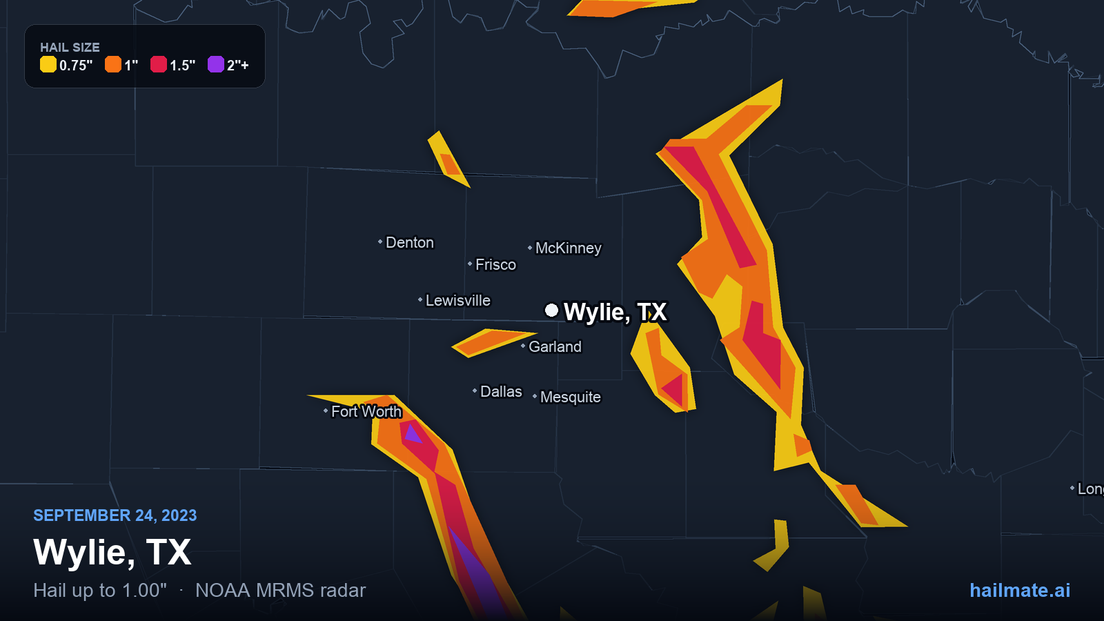 Hail swath map for Wylie, TX on September 24, 2023 showing 1.00 inch hail.