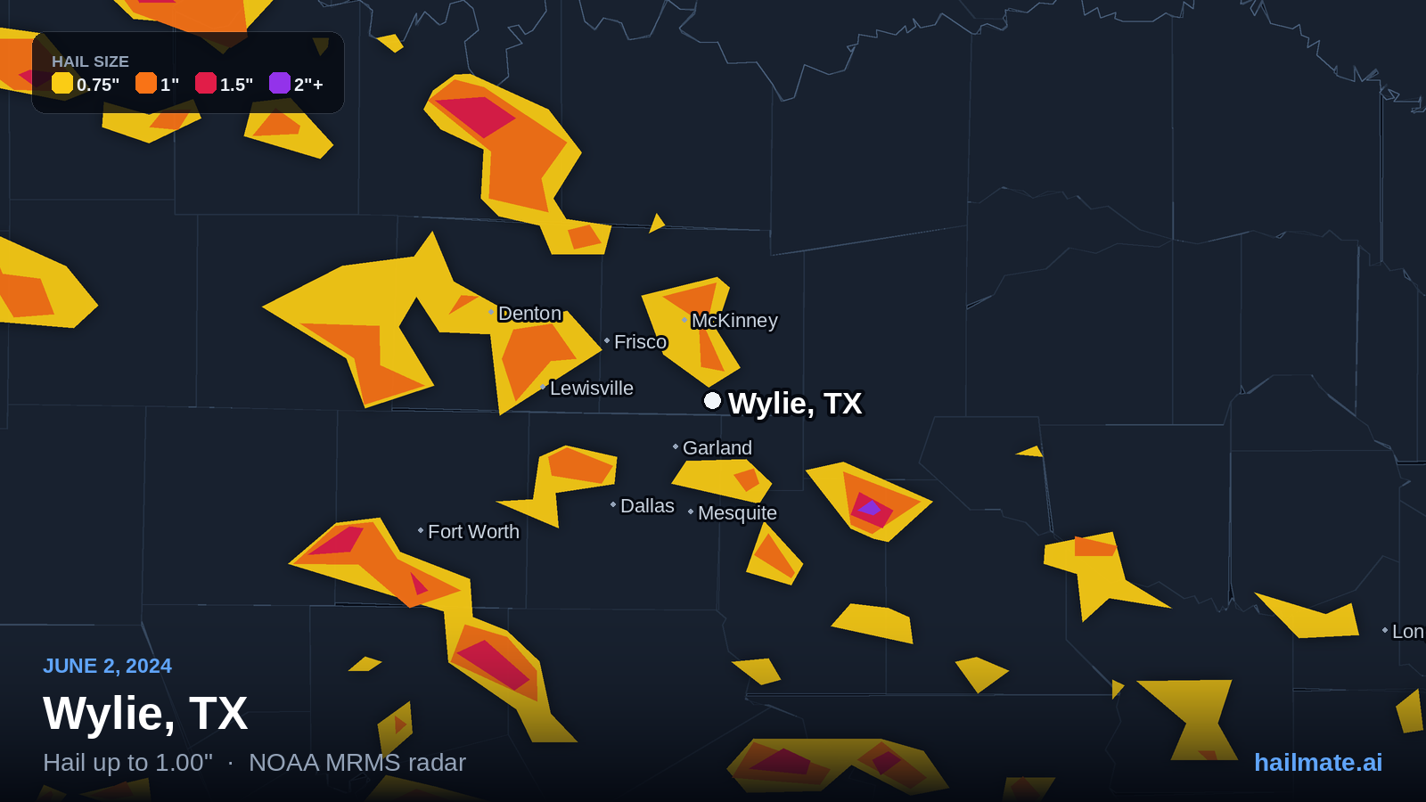 Hail swath map for Wylie, TX on June 2, 2024 showing 1.00 inch hail.
