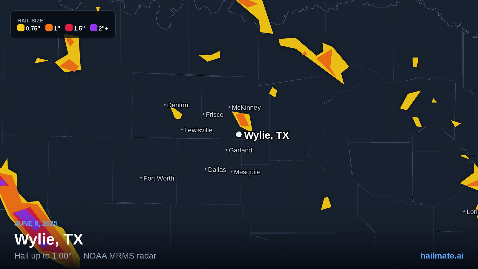 Hail swath map for Wylie, TX on June 8, 2025 showing 1.00 inch hail.