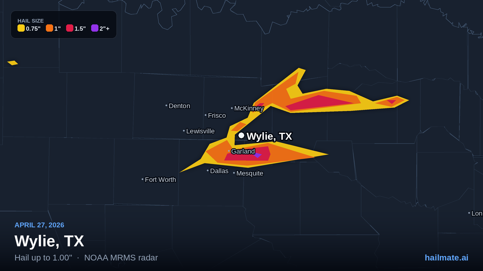 Hail swath map for Wylie, TX on April 27, 2026 showing 1.00 inch hail.
