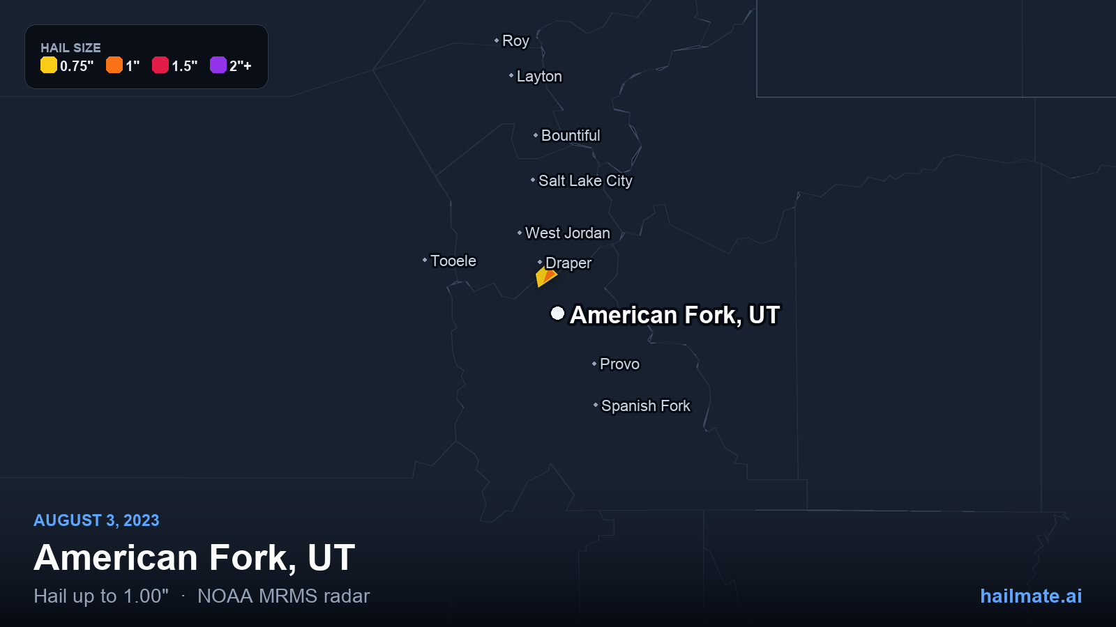 Hail swath map for American Fork, UT on August 3, 2023 showing 1.00 inch hail.