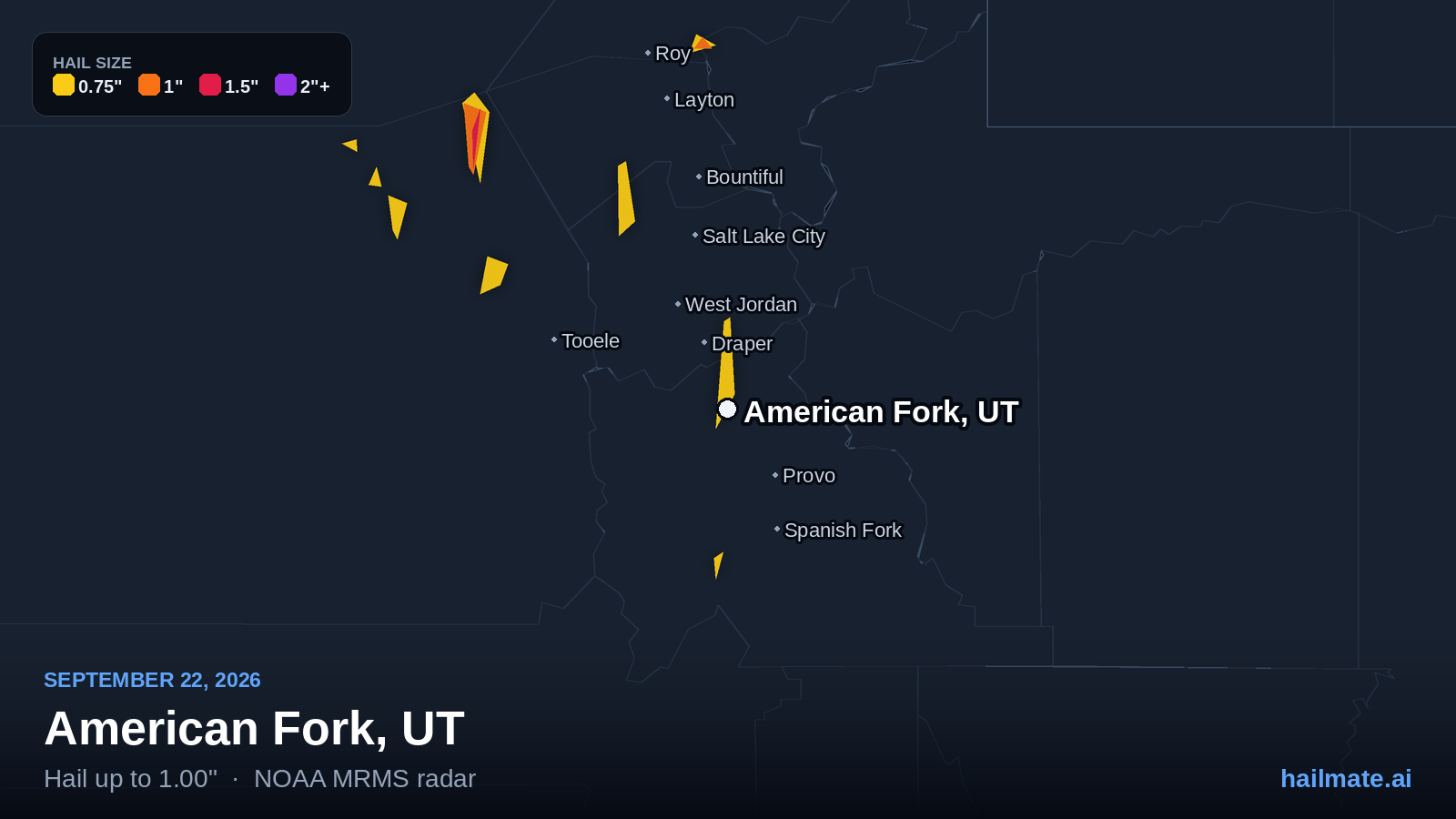 Hail swath map for American Fork, UT on September 22, 2026 showing 1.00 inch hail.