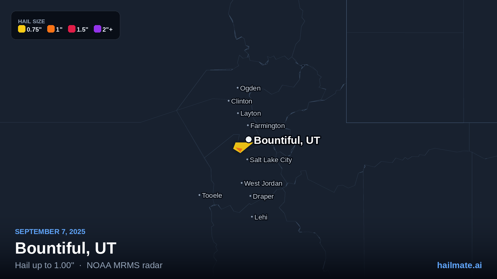 Hail swath map for Bountiful, UT on September 7, 2025 showing 1.00 inch hail.