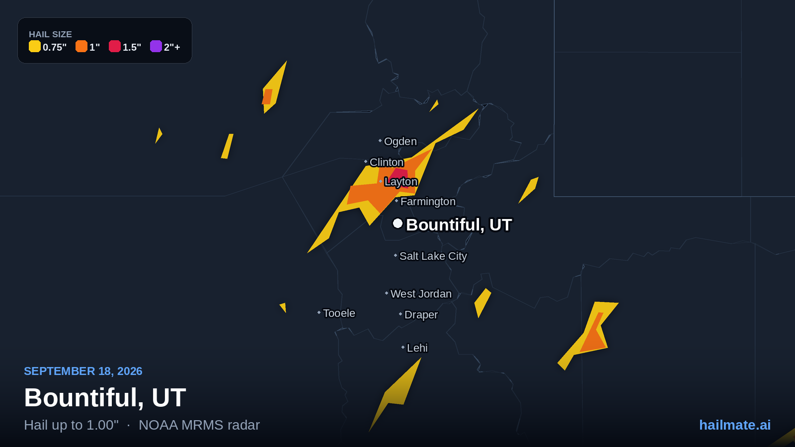 Hail swath map for Bountiful, UT on September 18, 2026 showing 1.00 inch hail.