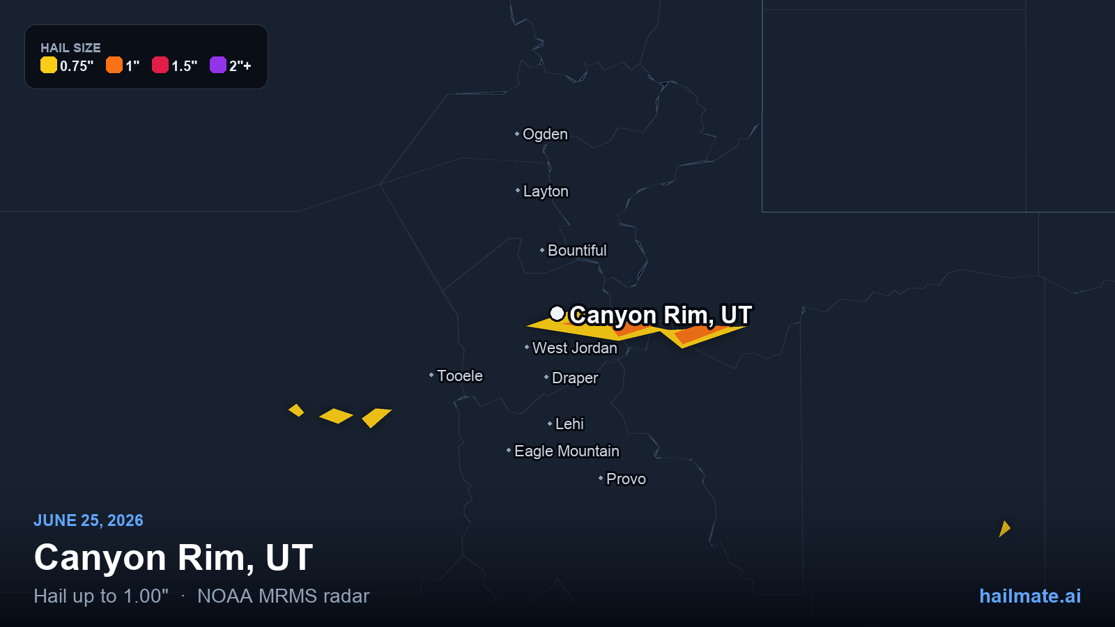 Hail swath map for Canyon Rim, UT on June 25, 2026 showing 1.00 inch hail.