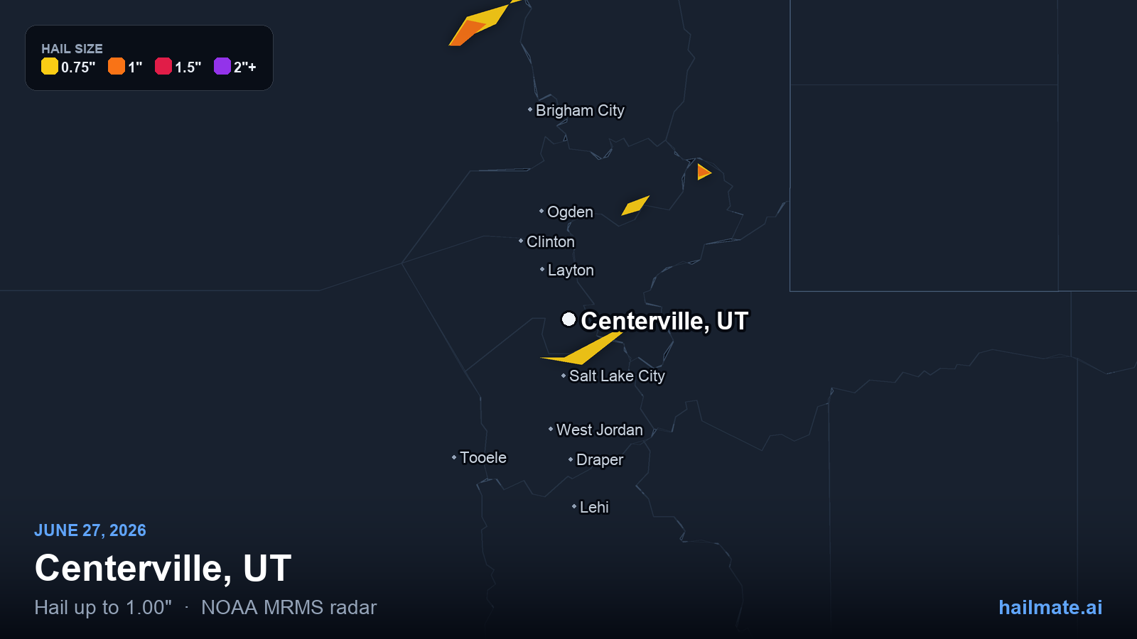 Hail swath map for Centerville, UT on June 27, 2026 showing 1.00 inch hail.