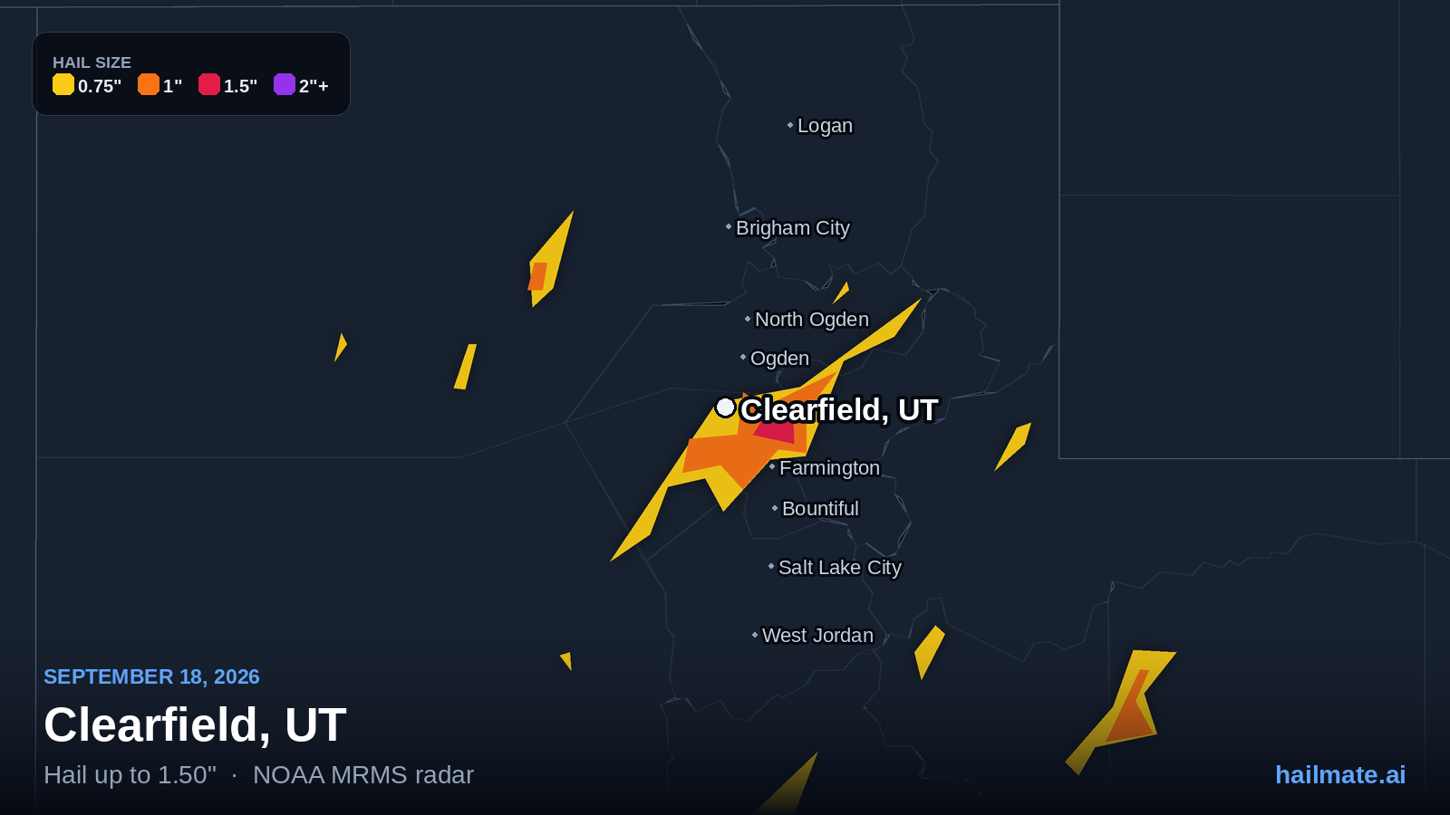 Hail swath map for Clearfield, UT on September 18, 2026 showing 1.50 inch hail.