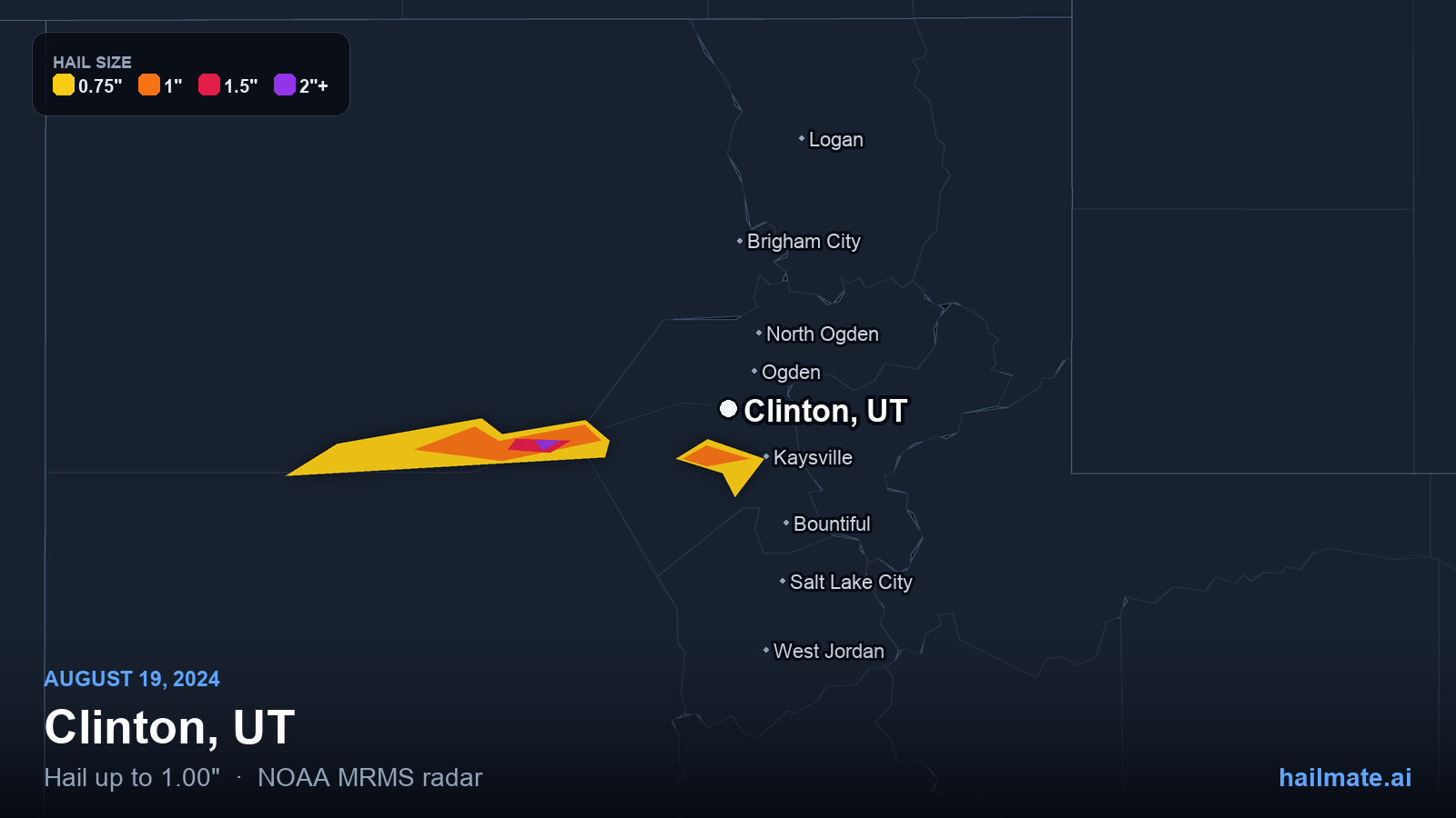 Hail swath map for Clinton, UT on August 19, 2024 showing 1.00 inch hail.