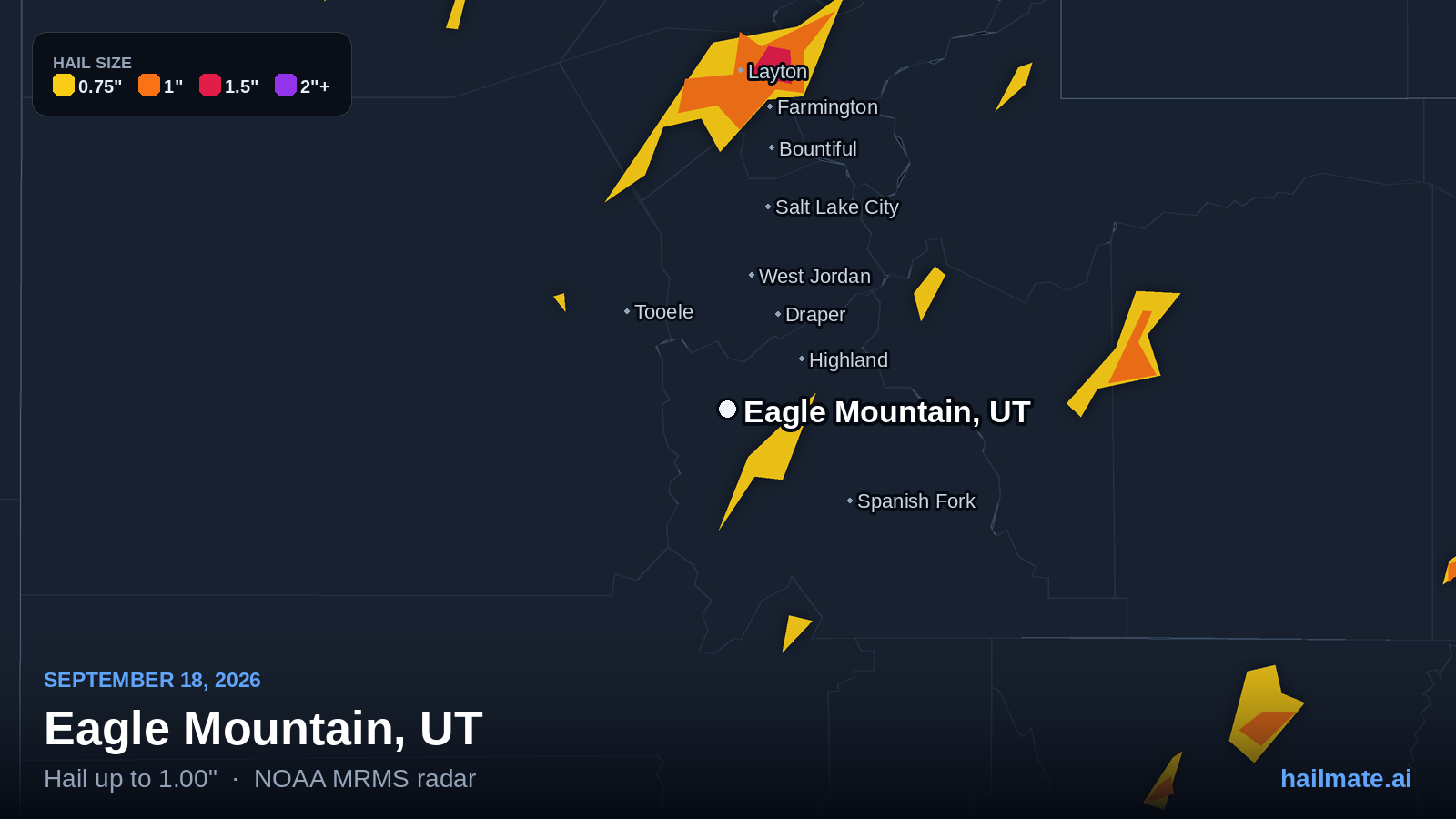 Hail swath map for Eagle Mountain, UT on September 18, 2026 showing 1.00 inch hail.