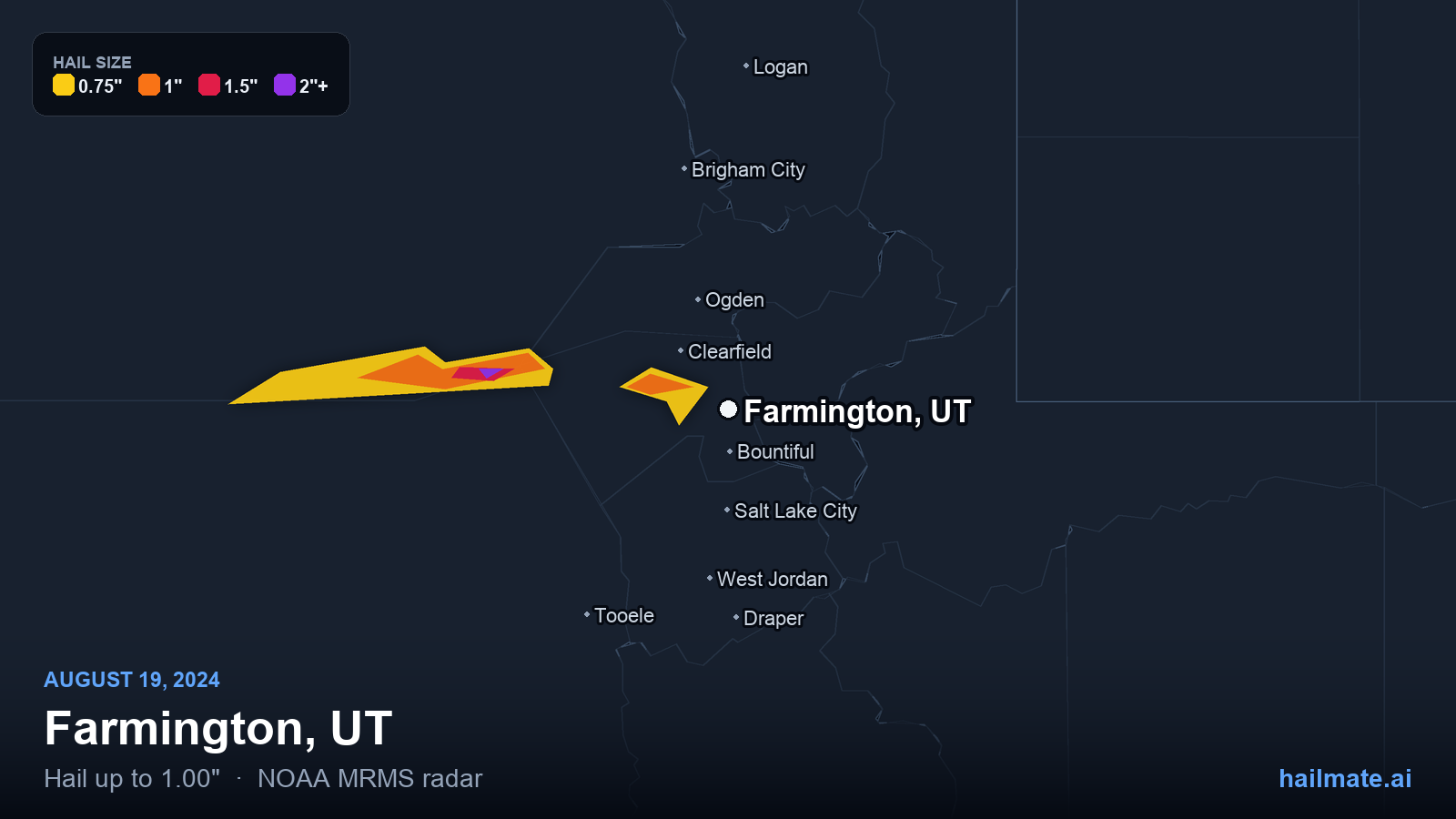 Hail swath map for Farmington, UT on August 19, 2024 showing 1.00 inch hail.