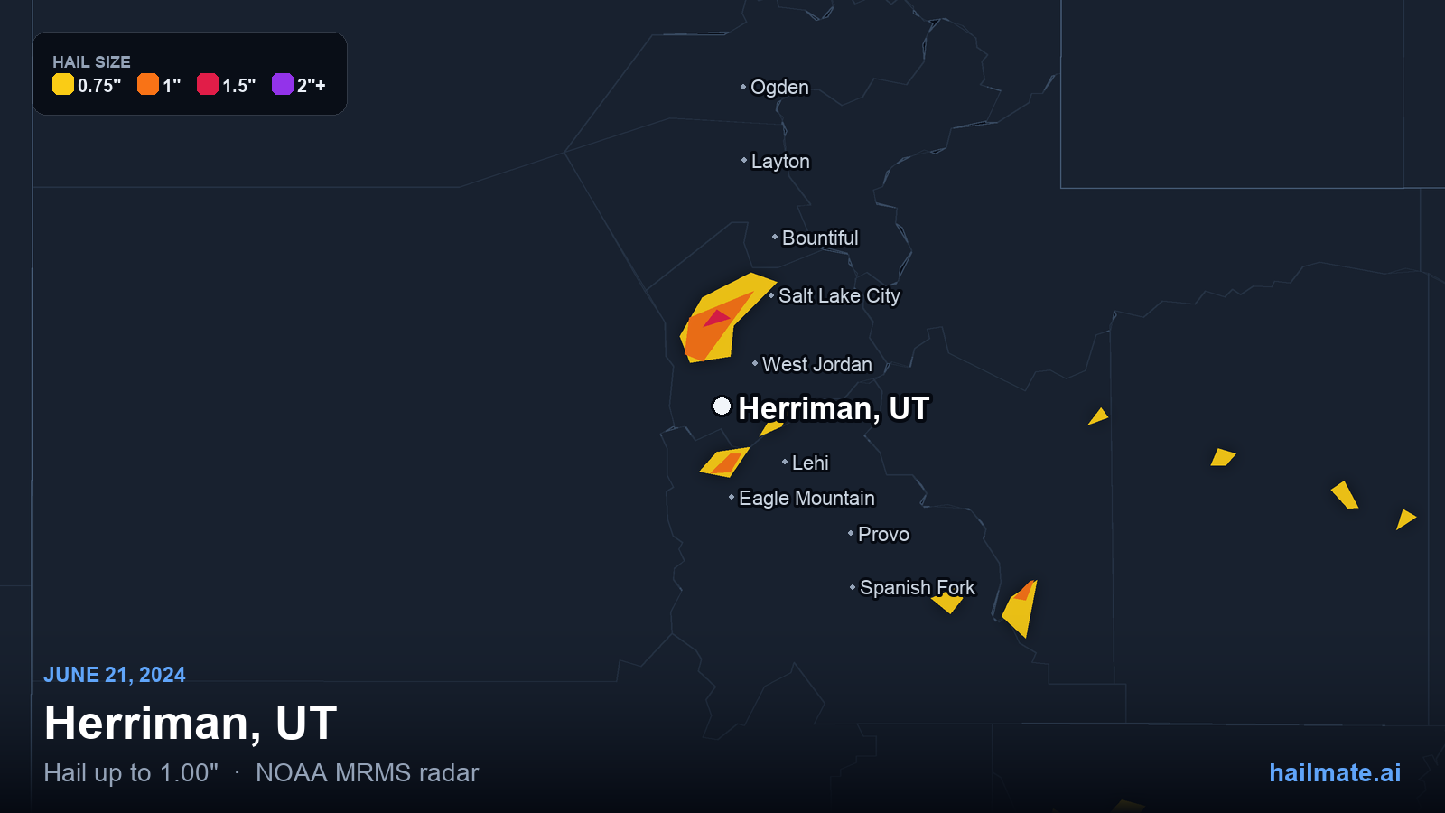 Hail swath map for Herriman, UT on June 21, 2024 showing 1.00 inch hail.