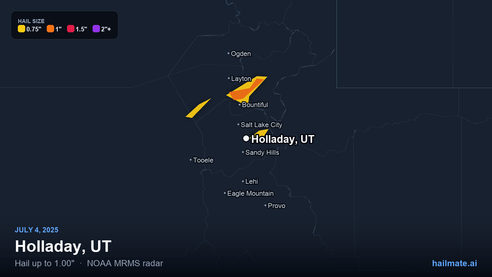 Hail swath map for Holladay, UT on July 4, 2025 showing 1.00 inch hail.