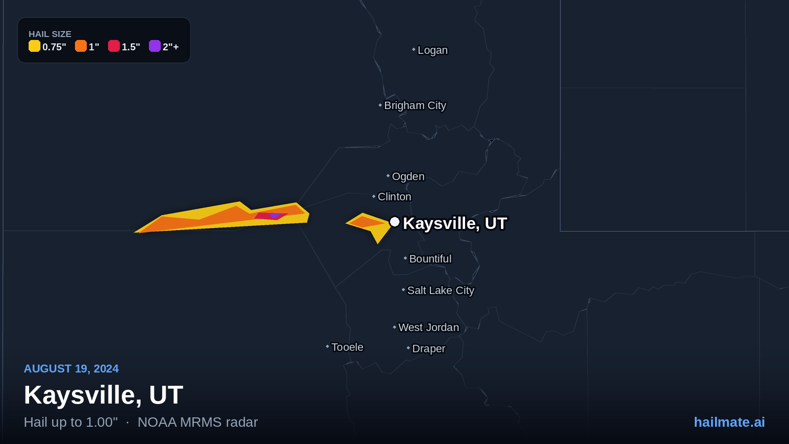 Hail swath map for Kaysville, UT on August 19, 2024 showing 1.00 inch hail.