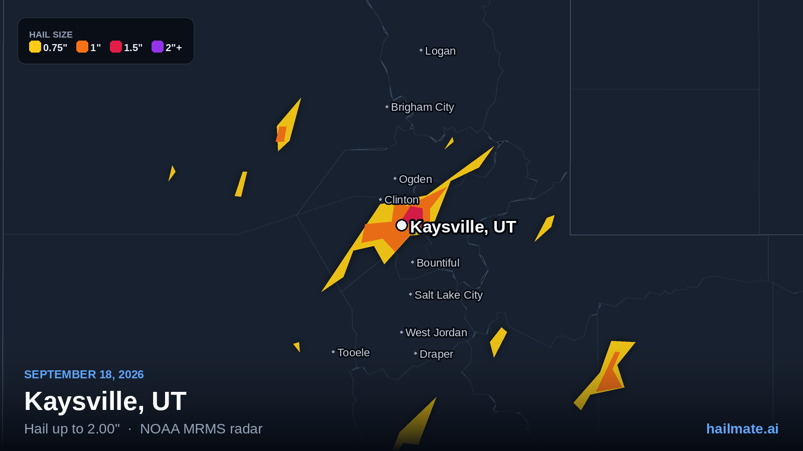 Hail swath map for Kaysville, UT on September 18, 2026 showing 2.00 inch hail.