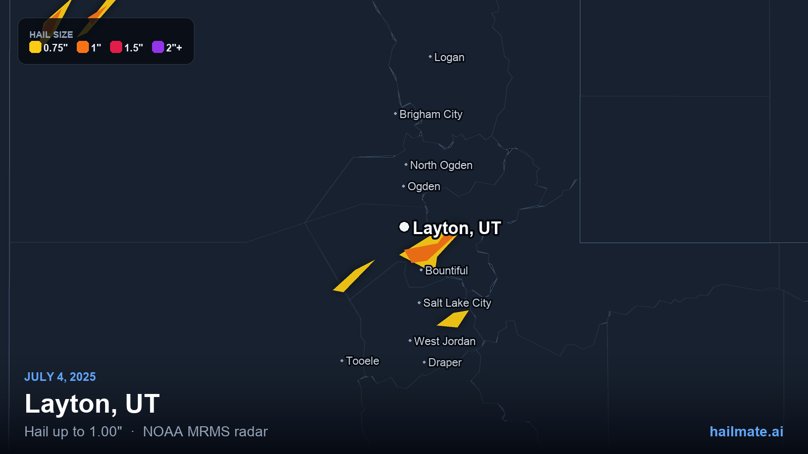 Hail swath map for Layton, UT on July 4, 2025 showing 1.00 inch hail.