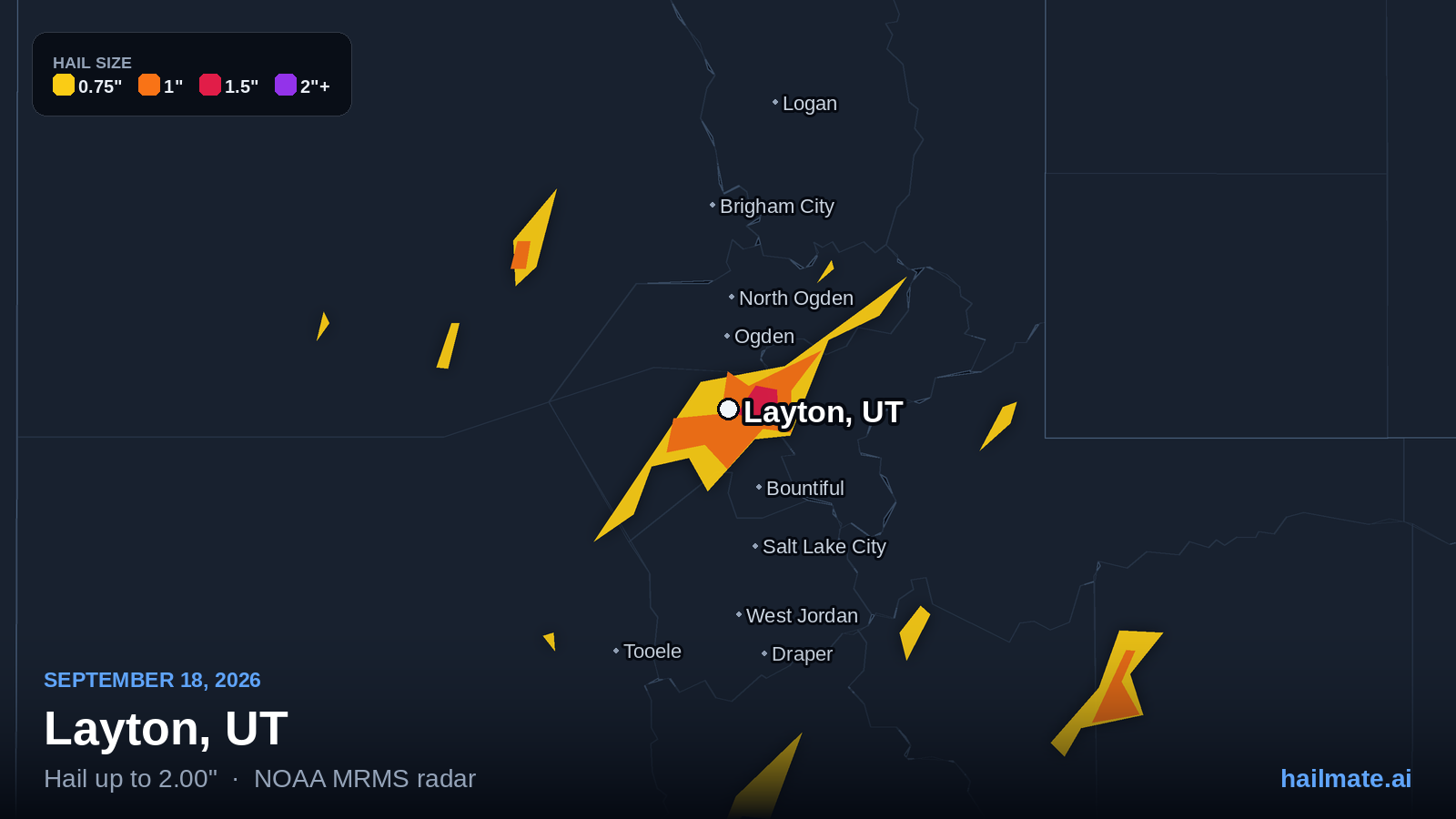 Hail swath map for Layton, UT on September 18, 2026 showing 2.00 inch hail.