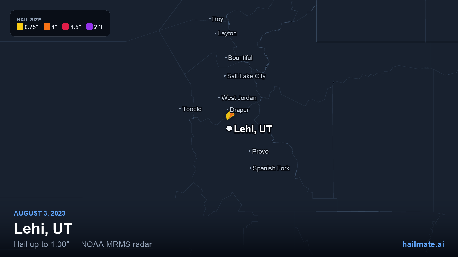 Hail swath map for Lehi, UT on August 3, 2023 showing 1.00 inch hail.