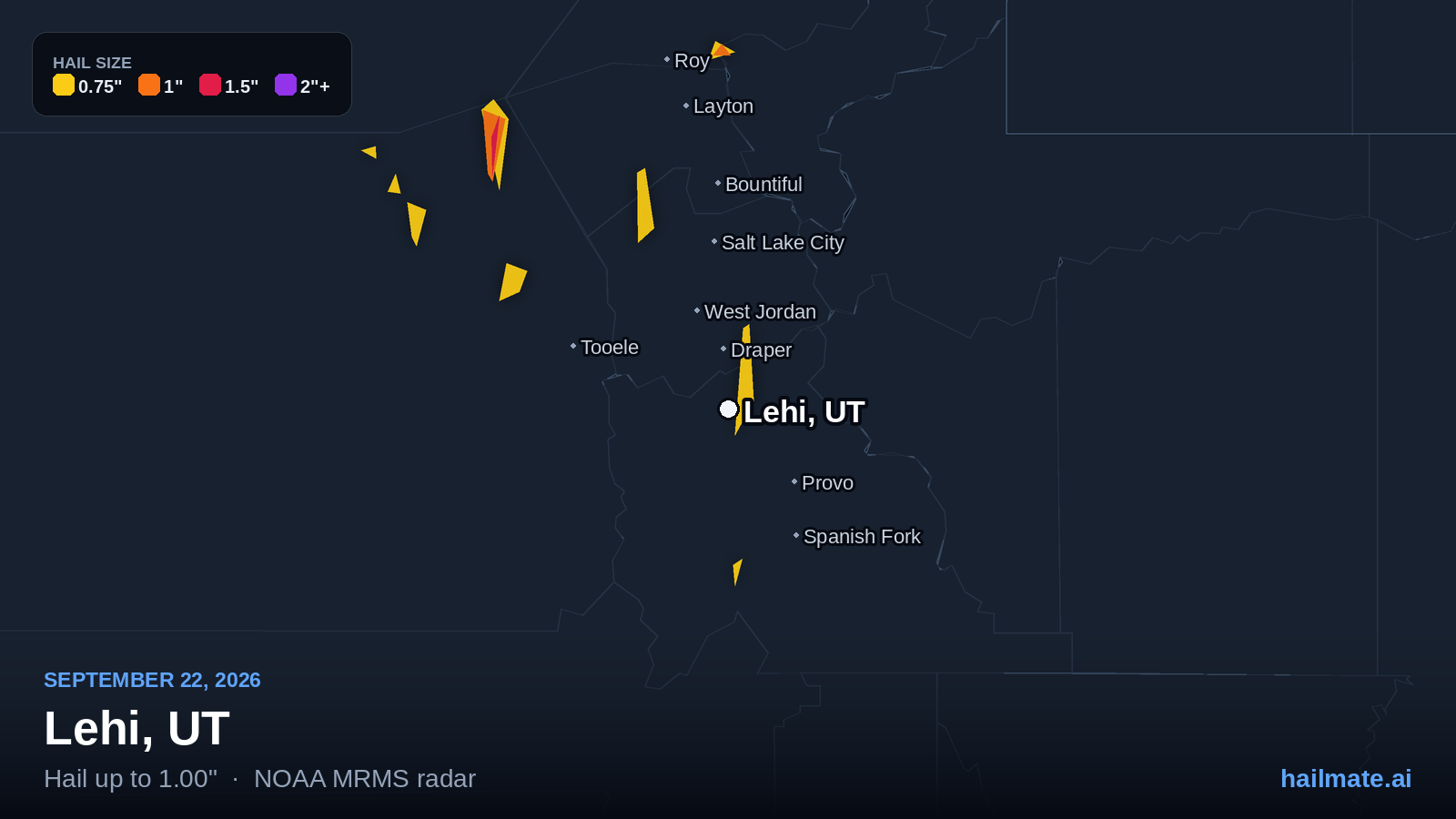 Hail swath map for Lehi, UT on September 22, 2026 showing 1.00 inch hail.