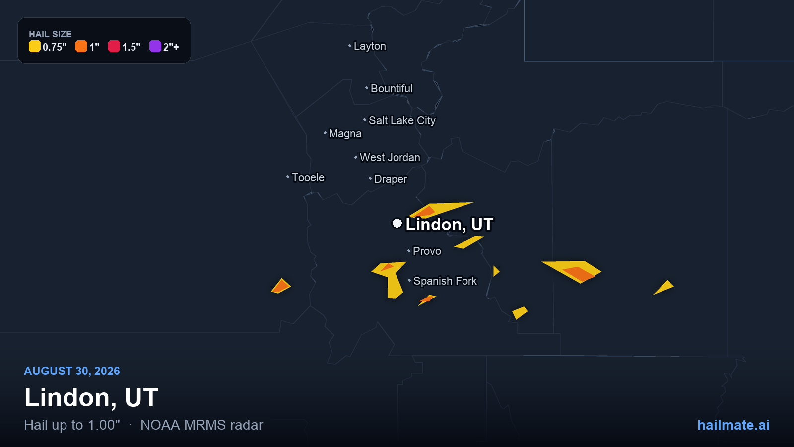 Hail swath map for Lindon, UT on August 30, 2026 showing 1.00 inch hail.