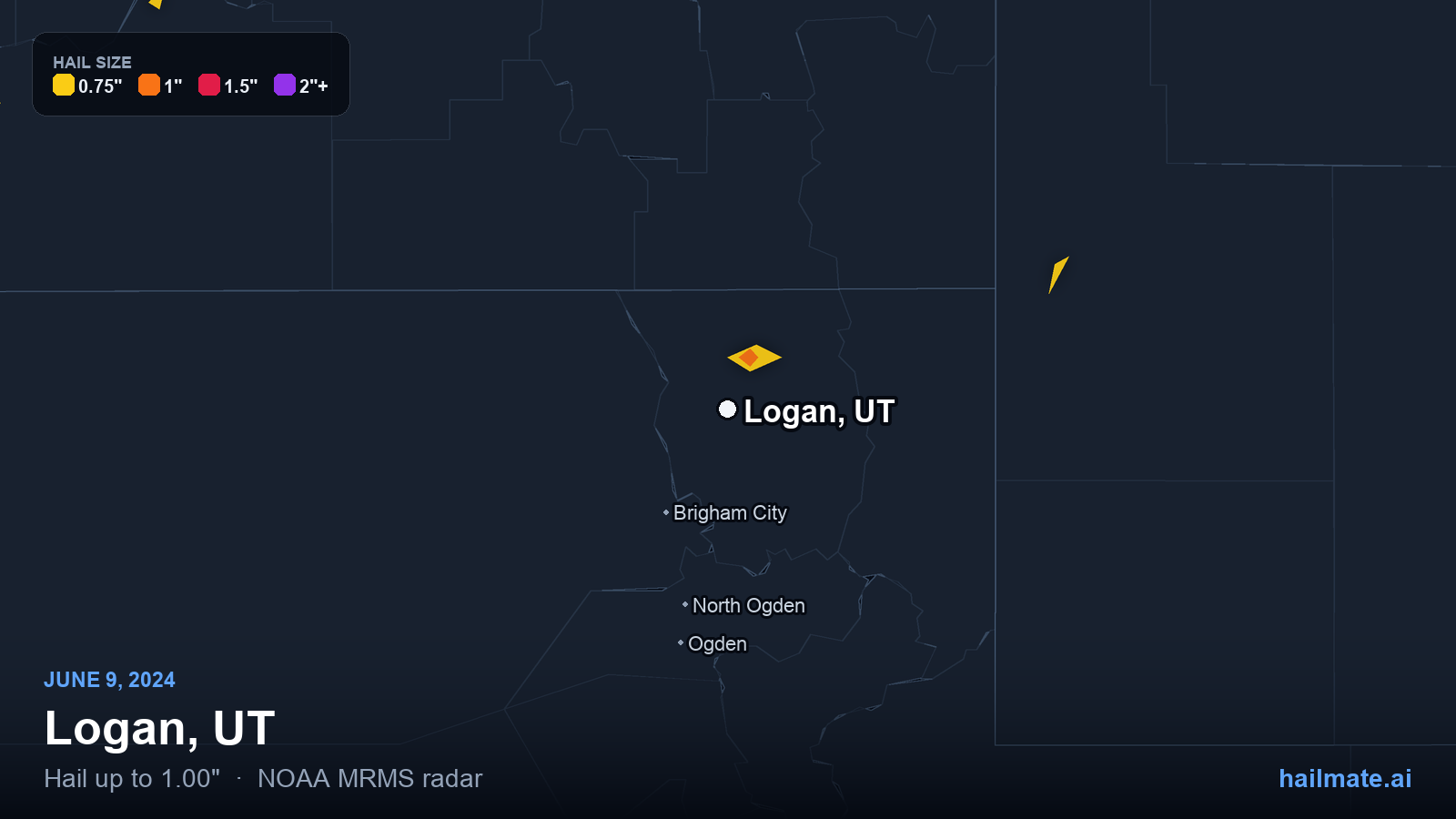 Hail swath map for Logan, UT on June 9, 2024 showing 1.00 inch hail.