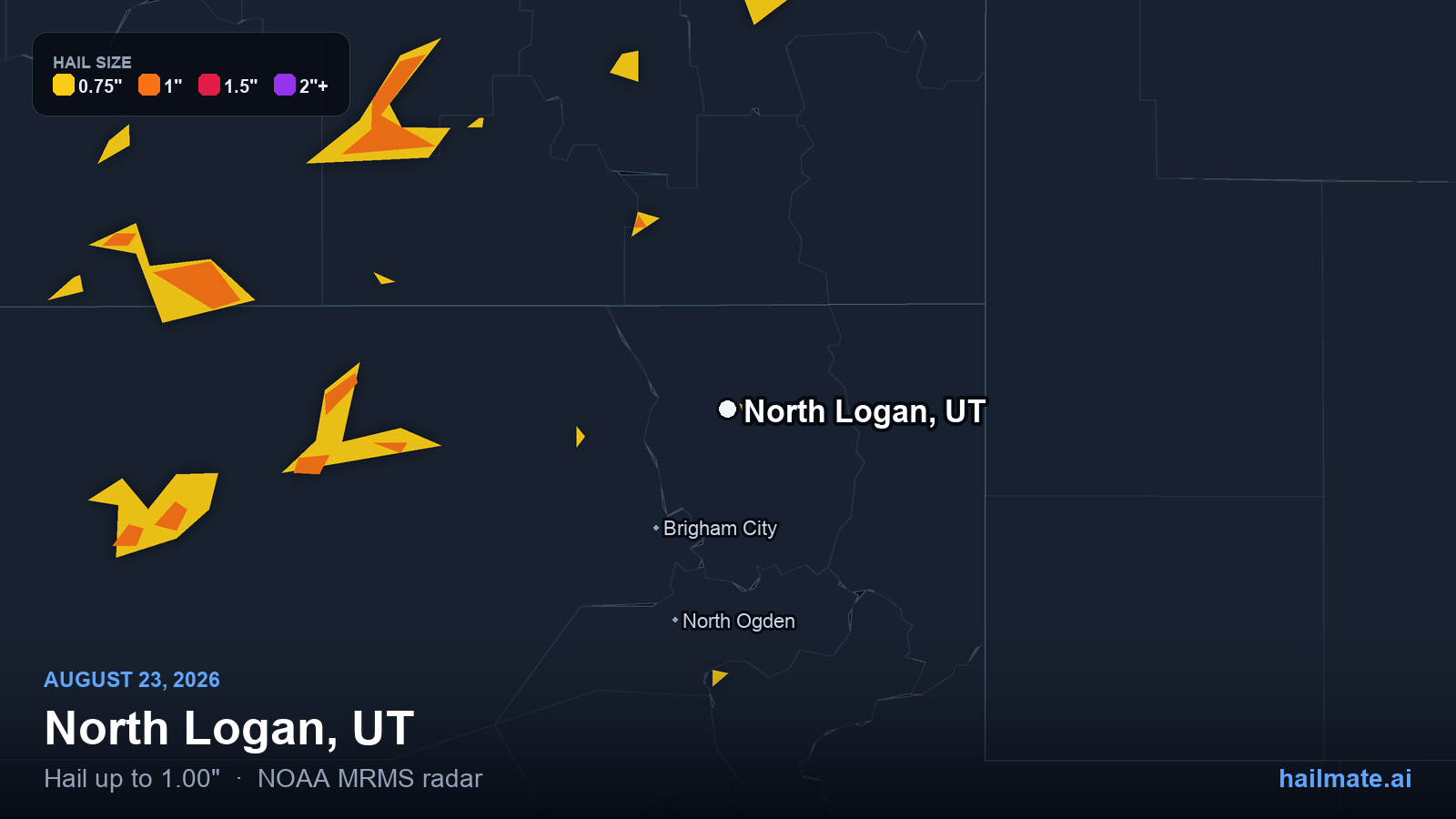 Hail swath map for North Logan, UT on August 23, 2026 showing 1.00 inch hail.