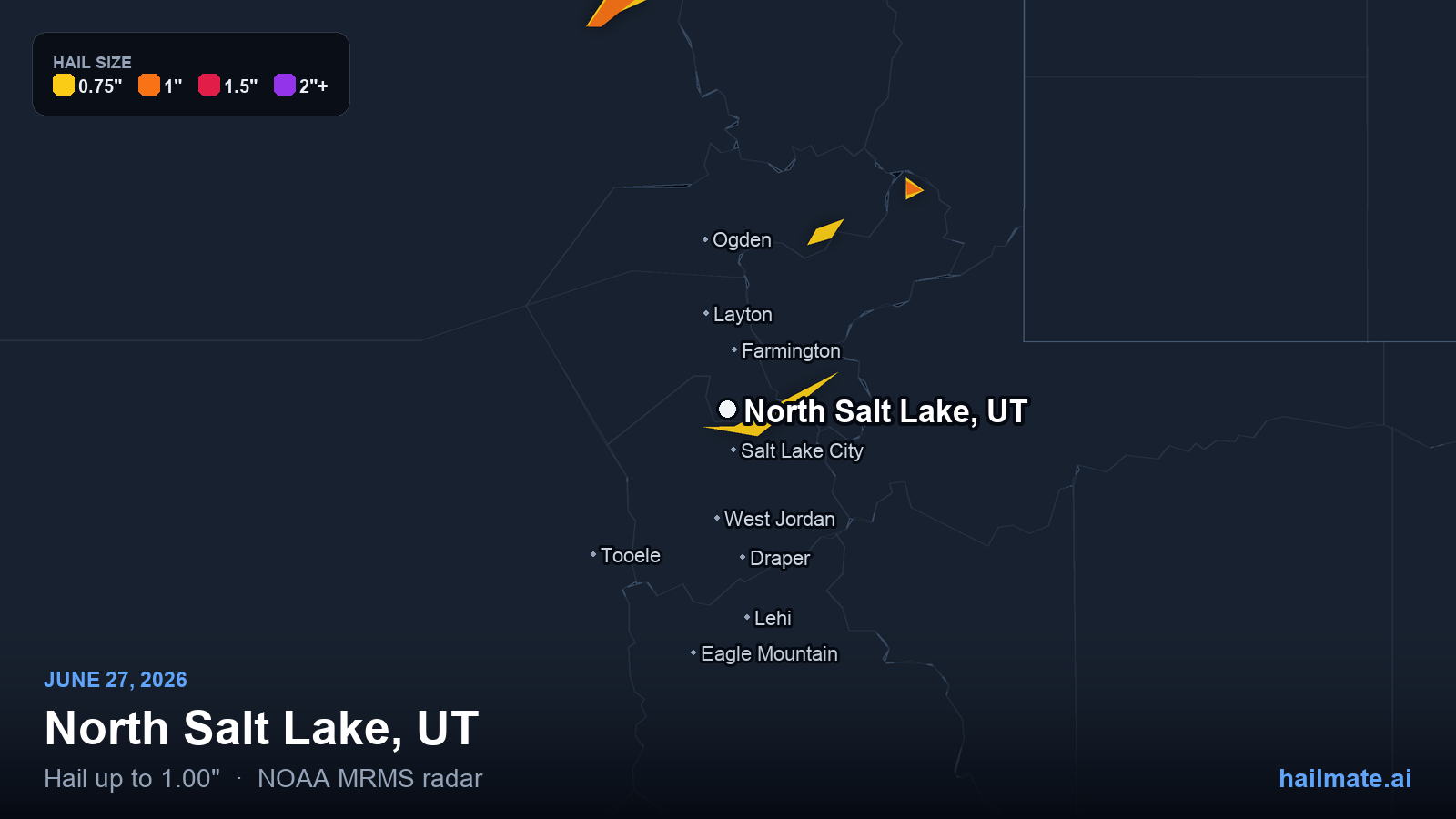 Hail swath map for North Salt Lake, UT on June 27, 2026 showing 1.00 inch hail.