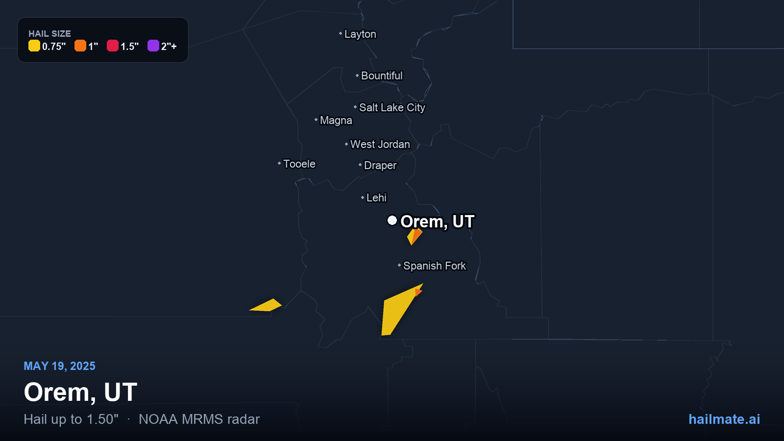 Hail swath map for Orem, UT on May 19, 2025 showing 1.50 inch hail.