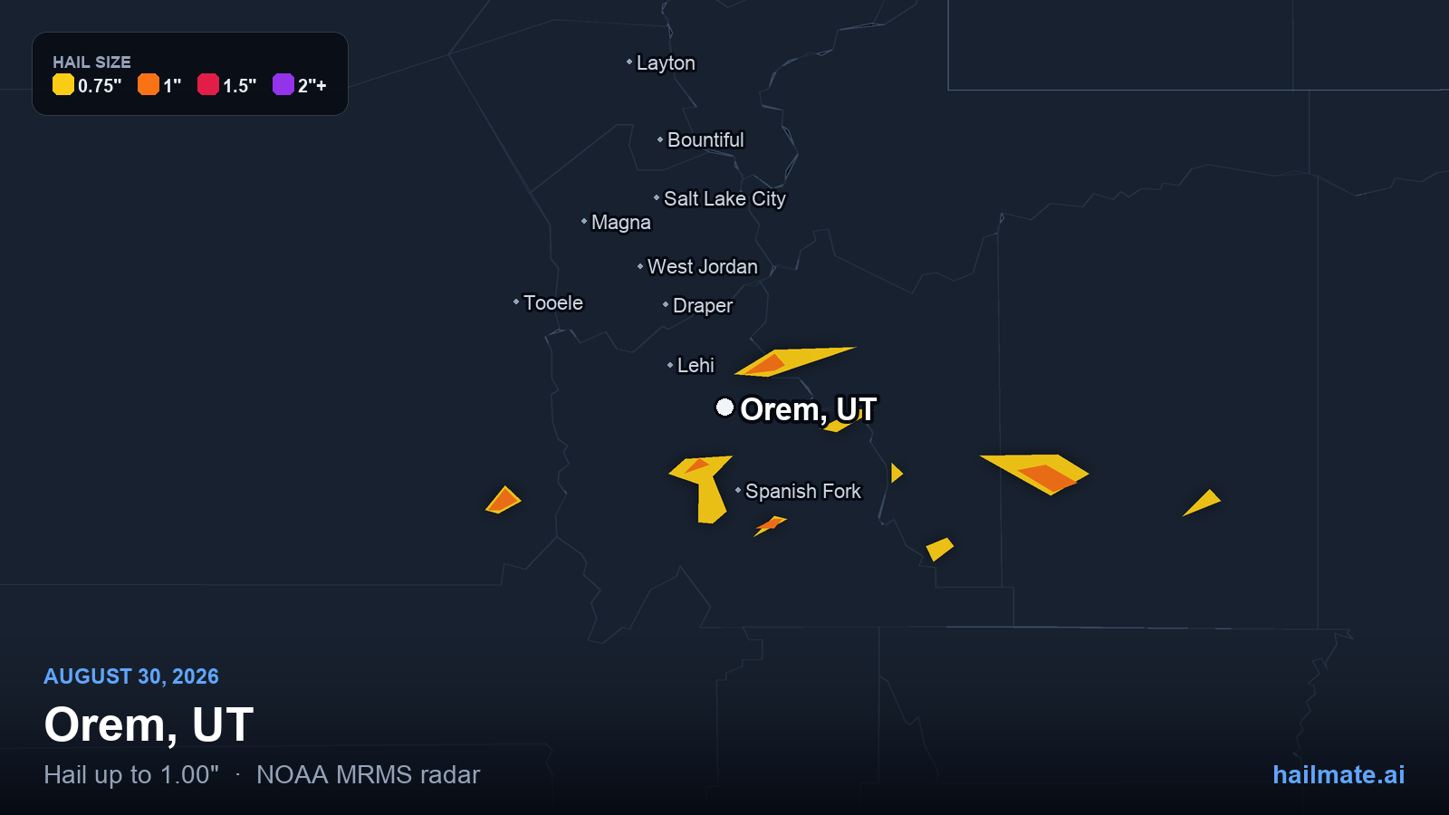 Hail swath map for Orem, UT on August 30, 2026 showing 1.00 inch hail.