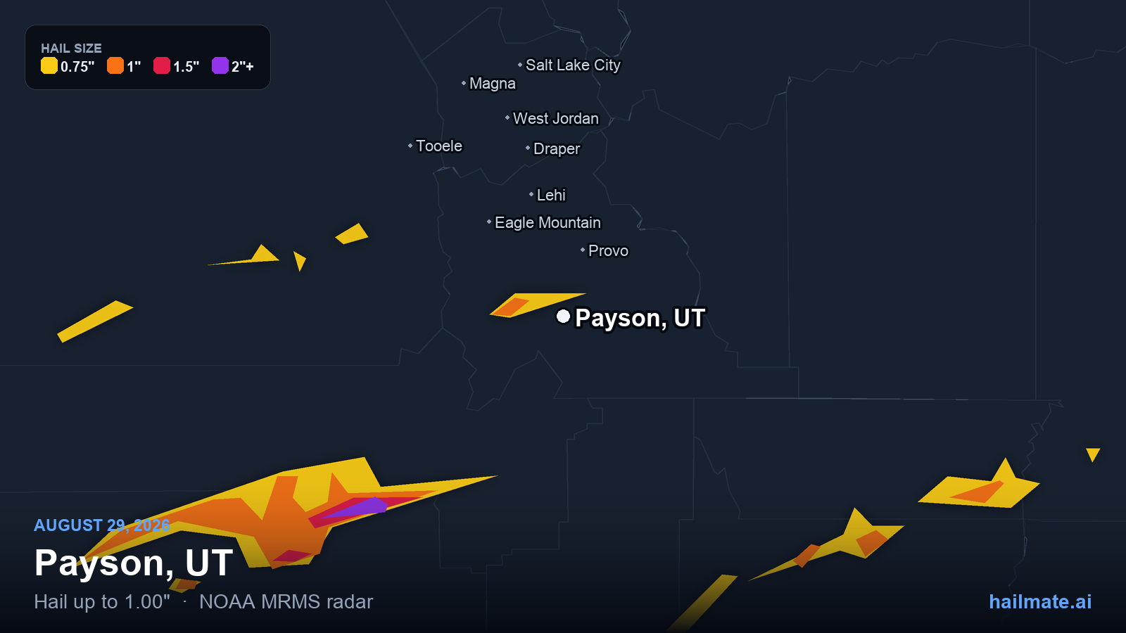Hail swath map for Payson, UT on August 29, 2026 showing 1.00 inch hail.